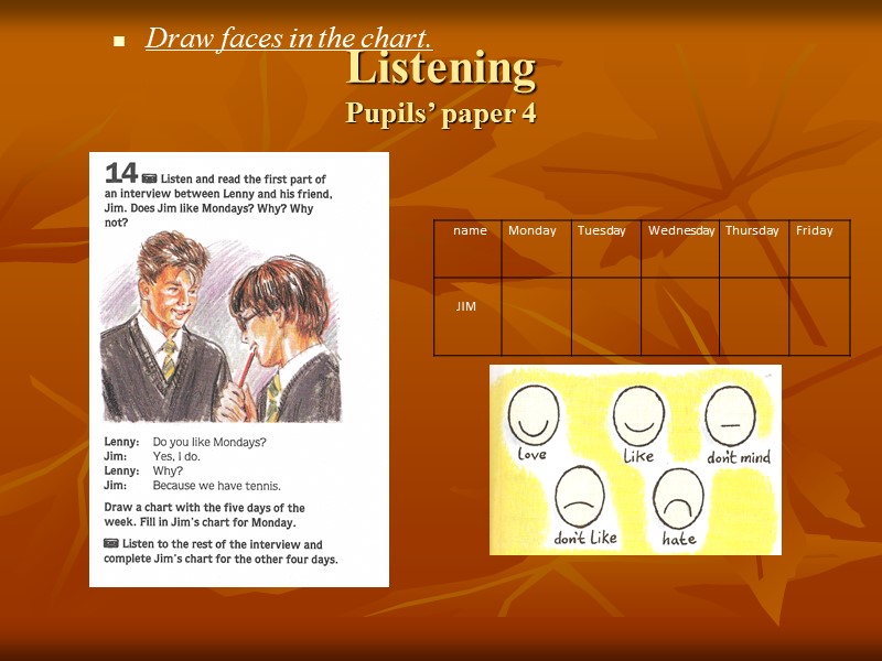 Listening  Pupils’ paper 4 Draw faces in the chart.